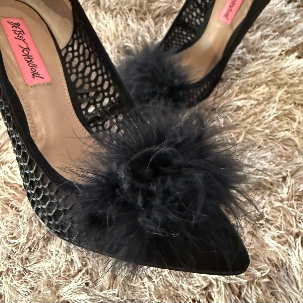 Betsey Johnson Black Mesh Heels with Fluffy Accent - Picture 4 of 10